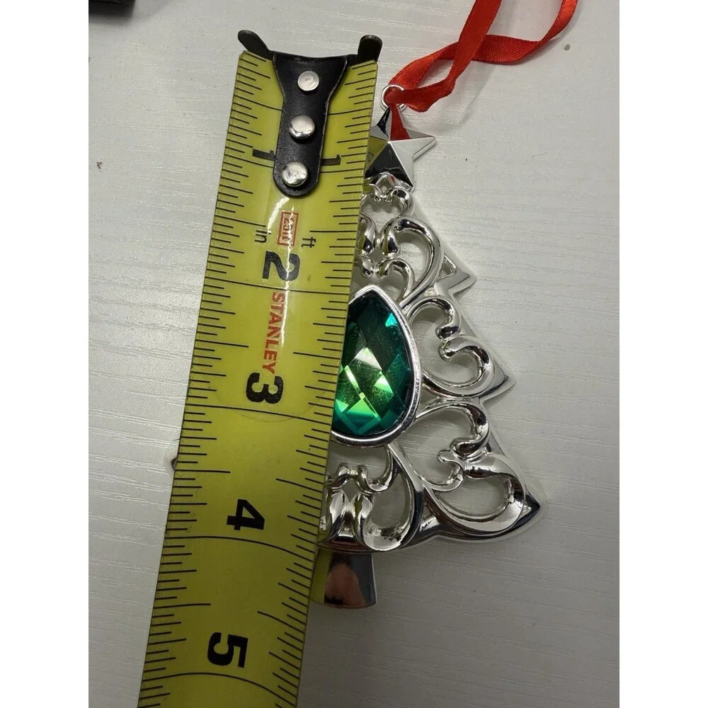 Lenox Bejeweled Christmas Tree Ornament Silverplate With Green Gem